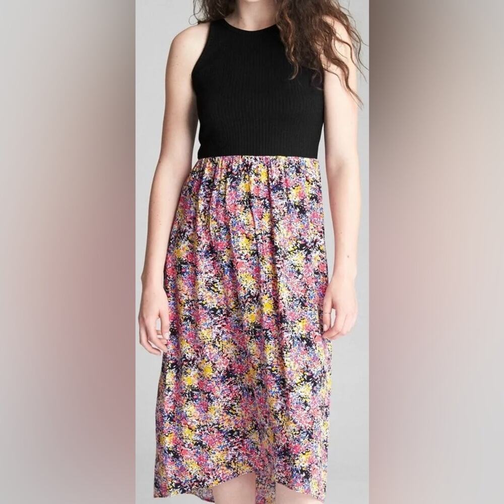 Gap black and floral fit and flare midi‎ dress